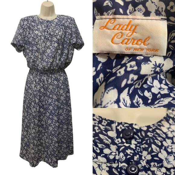 Vtg Womens Dress Lady Carol Of New York XL Blue White Floral Sheer Smocked Waist - Picture 1 of 8